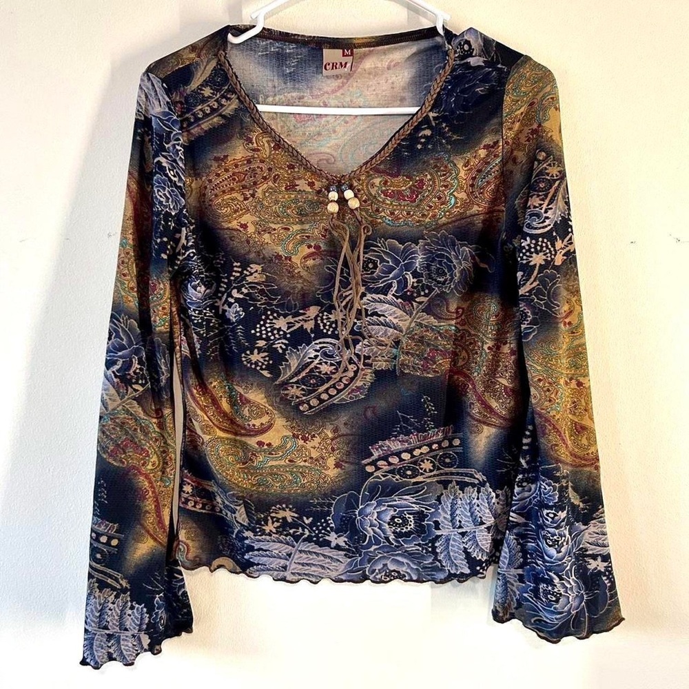 Paisley Floral Long-Sleeve V-Neck Top in Multicolor